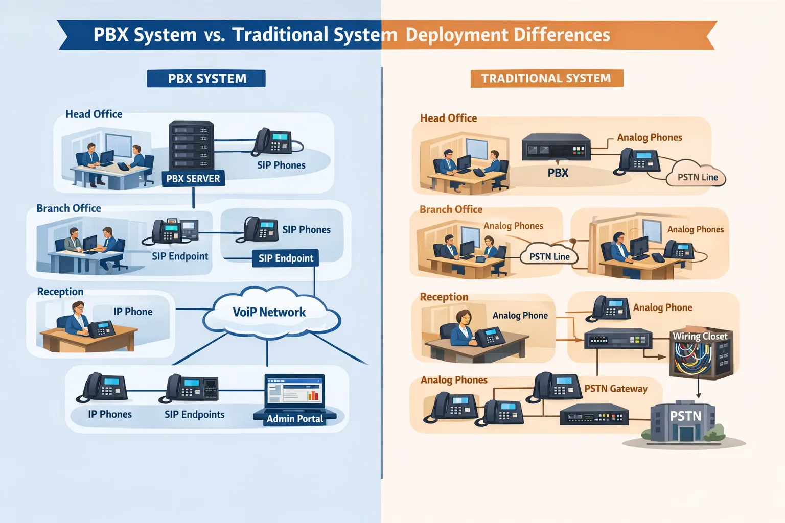 Scène de déploiement illustrant les différences clés entre les systèmes PBX et les systèmes de communication traditionnels, couvrant bureaux, succursales, réceptions et services d’assistance avec téléphones fixes, terminaux SIP, passerelles et accès administratif