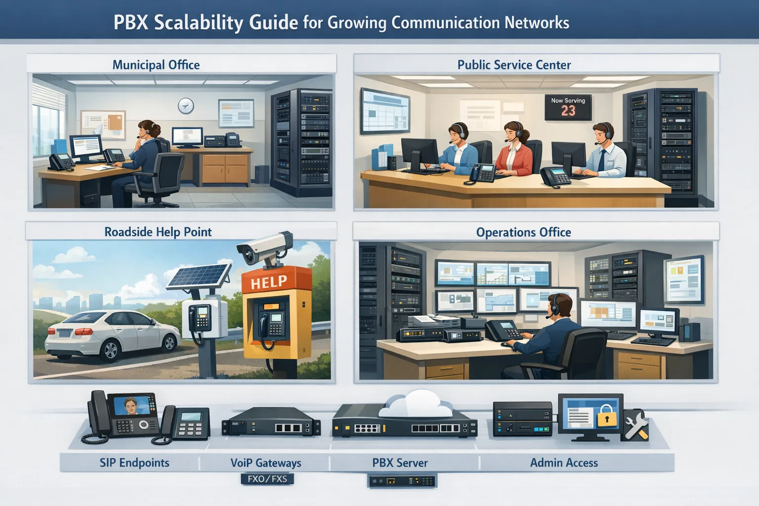 PBX Scalability Guide for Growing Communication Networks deployment scene covering municipal office, public service center, roadside help point, operations office with desk phones, SIP endpoints, gateways, and administrative access