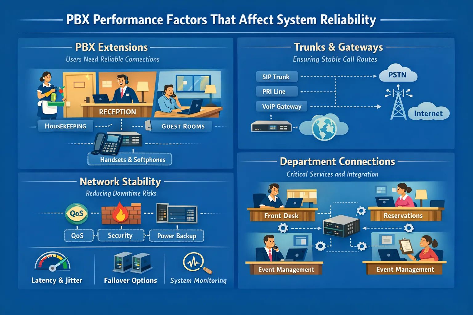 Facteurs de performance du PBX influençant la fiabilité du système – vue d’ensemble des postes, trunks, passerelles et connexions départementales dans les projets hôteliers