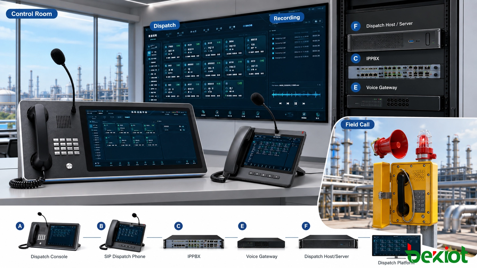 Salle de contrôle centrale d'usine pétrochimique utilisant une console de répartition pour gérer les appels téléphoniques antidéflagrants et les enregistrements de communication