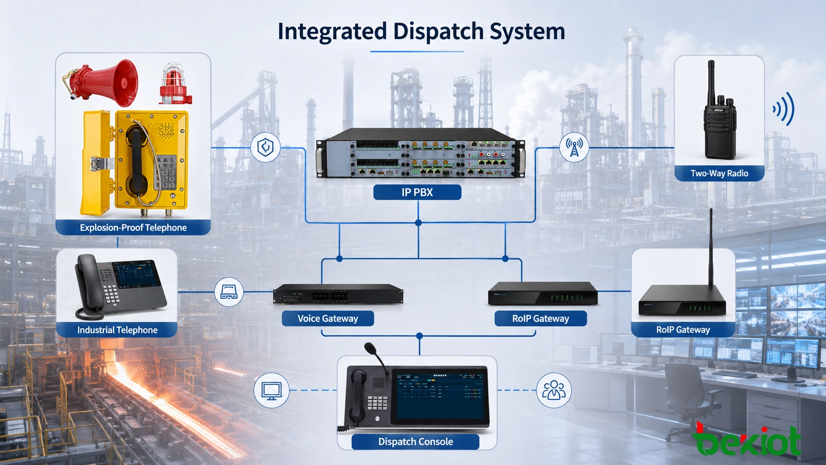 Architecture de dispatching intégrant téléphones antidéflagrants, IP-PBX, sonorisation et radio