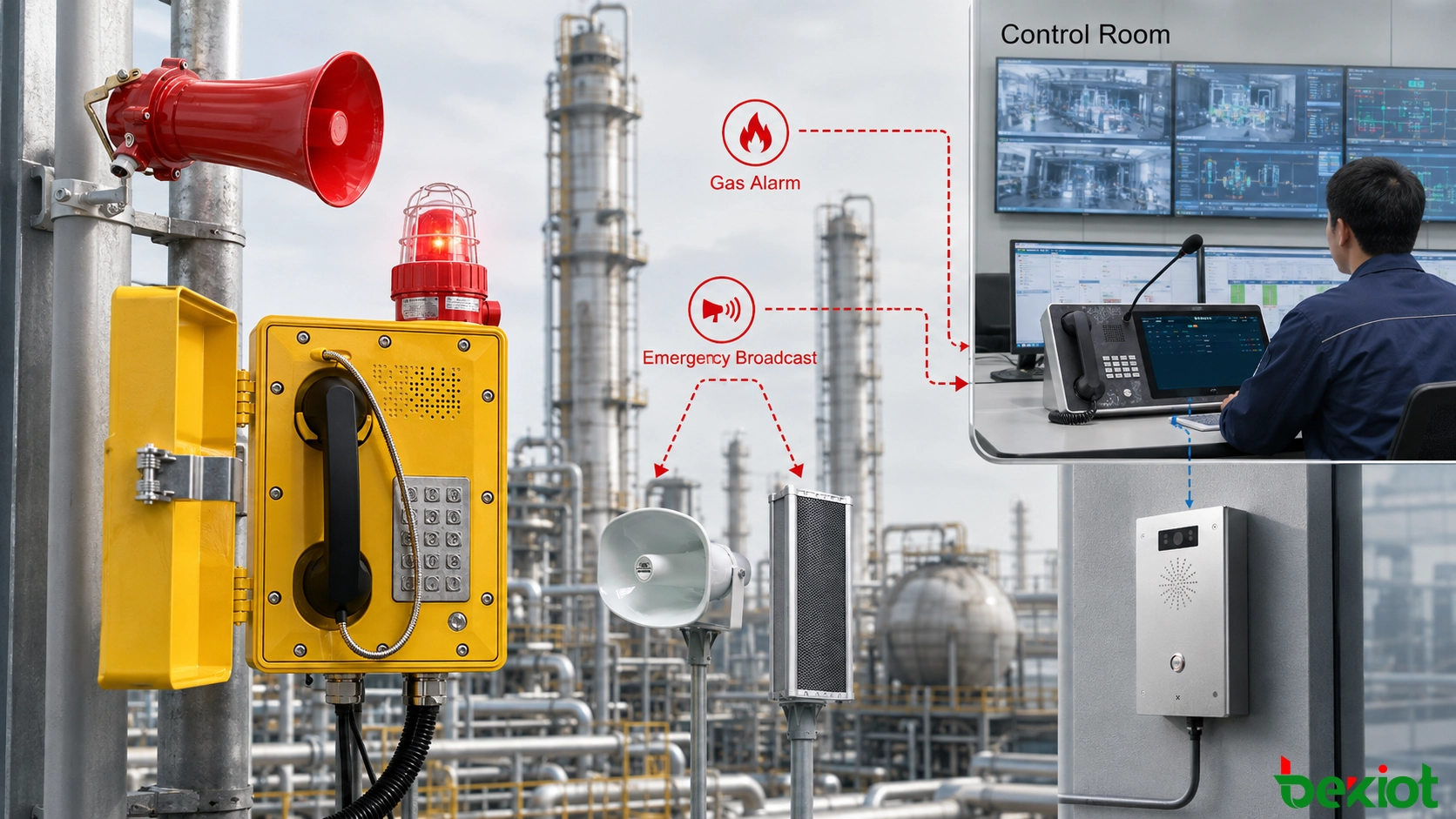 Diffusion d'urgence SIP intégrée à la détection de gaz, au contrôle des processus, aux alarmes incendie et à la communication de terrain dans une installation industrielle
