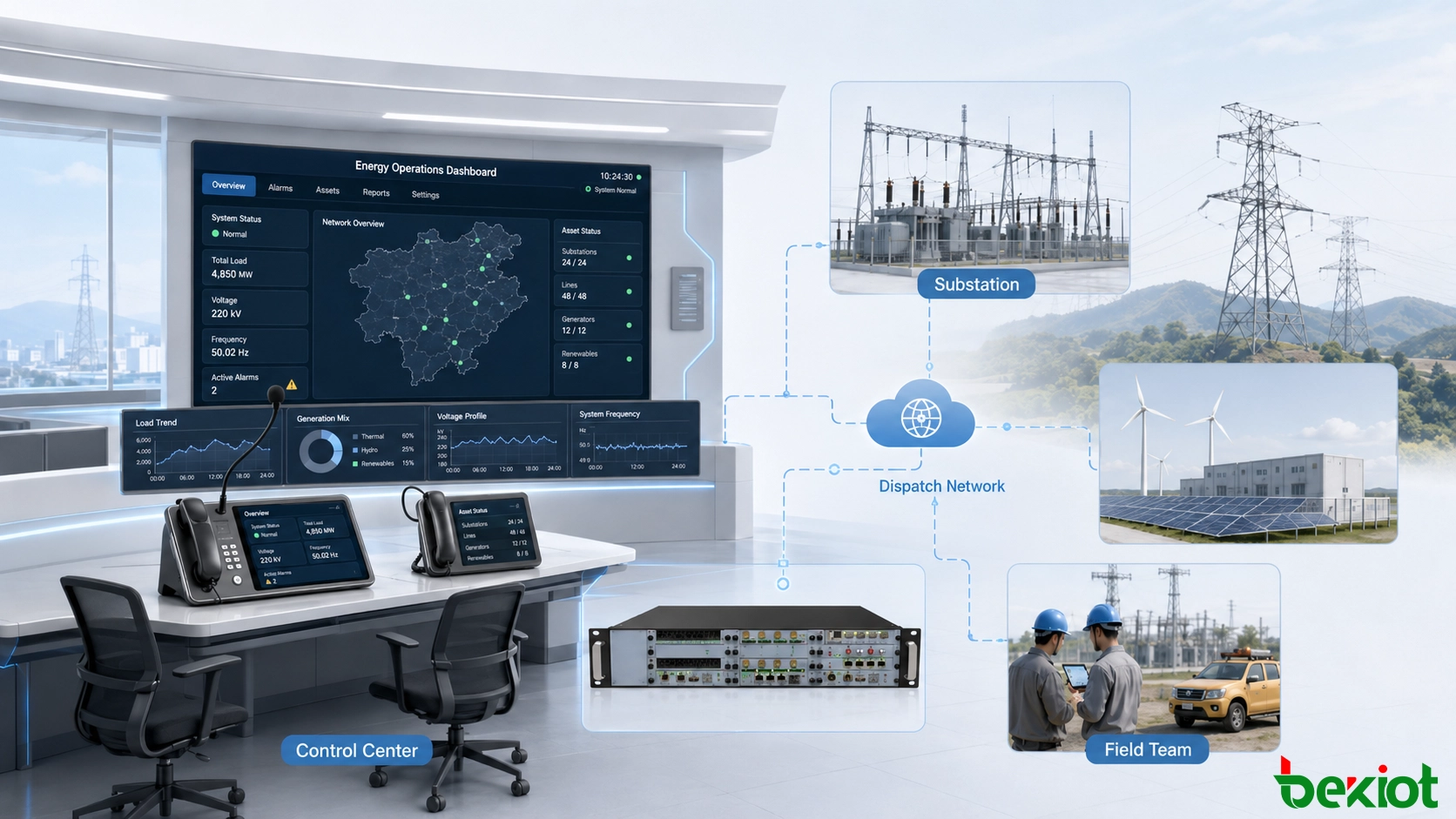 Architecture d'un système de dispatching électrique reliant un centre de contrôle aux postes électriques, équipes de terrain, terminaux de communication, serveurs et ressources de surveillance