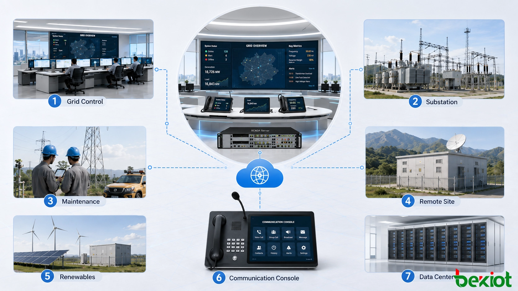 Flux de dispatching du réseau électrique montrant la détection d'une condition anormale, la vérification de l'événement, la communication de l'opérateur, l'intervention terrain, le retour d'information et la clôture de l'événement