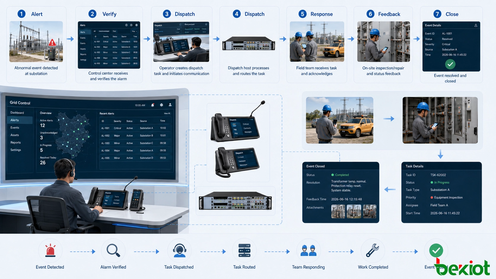 Centre de contrôle du dispatching électrique coordonnant les postes électriques, les sites d'énergie renouvelable, le personnel de maintenance et les installations électriques distantes
