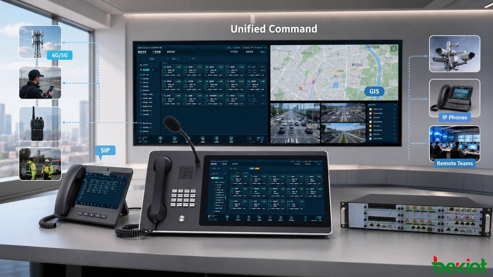 Architecture d’une console de dispatching Android reliant un centre de contrôle à des réseaux radio privés, des utilisateurs mobiles 4G et 5G, des téléphones, des systèmes vidéo, des ressources GIS et des équipes de terrain