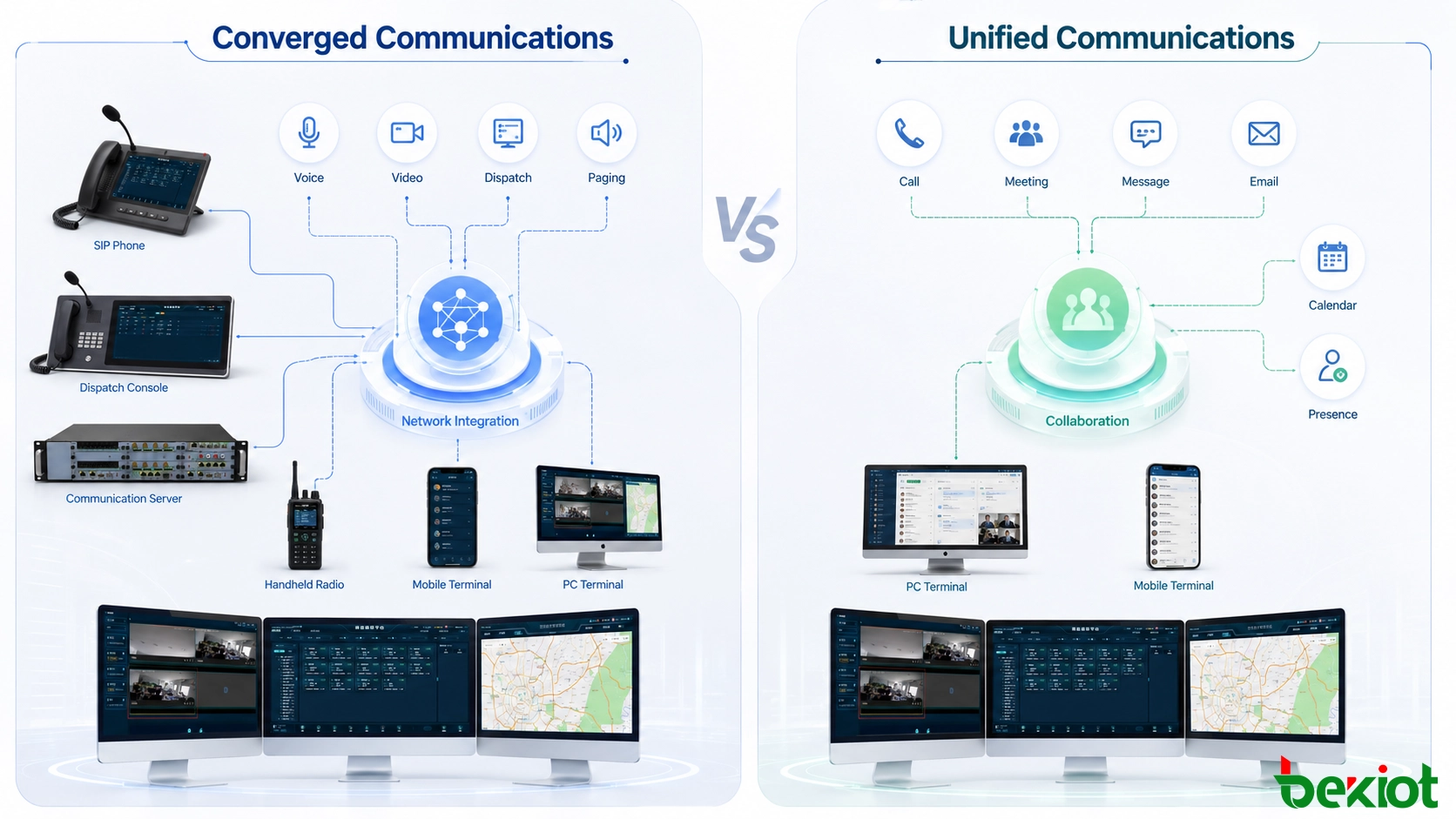 Comparaison de l’architecture des communications convergées et des communications unifiées montrant les réseaux, les services multimédias, les outils de collaboration et les terminaux utilisateurs
