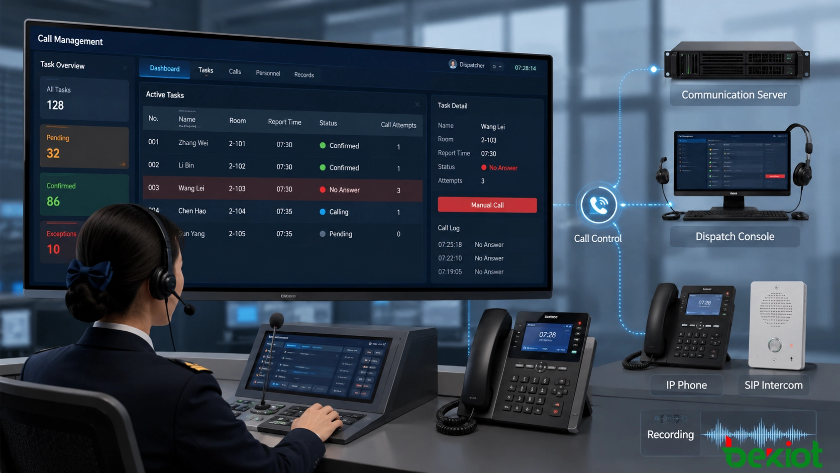 Architecture d'intégration des appels ferroviaires et de la répartition avec serveur de communication, console de répartition, téléphone IP, interphone SIP et fonctions d'enregistrement