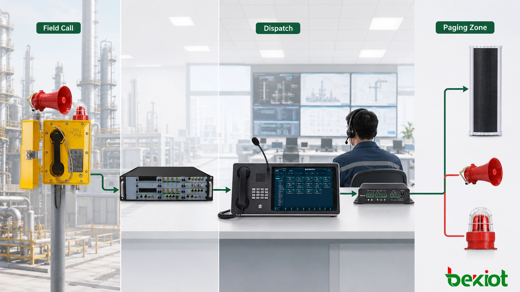 Téléphone antidéflagrant connecté à un IP PBX, une console de dispatching, une passerelle de diffusion et des haut-parleurs industriels