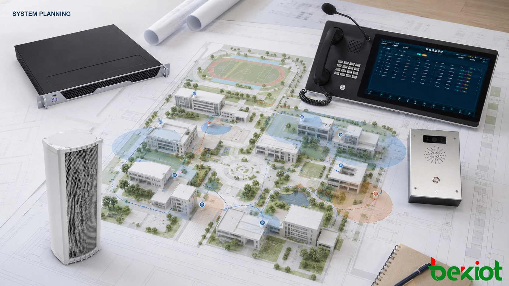 Conception de communications sur campus intégrant la sonorisation, la téléphonie, l'interphonie, les alarmes et la répartition